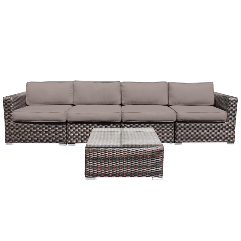 Living Source Intl 5-Piece Wicker / Rattan Sectional Set in Espresso/Taupe