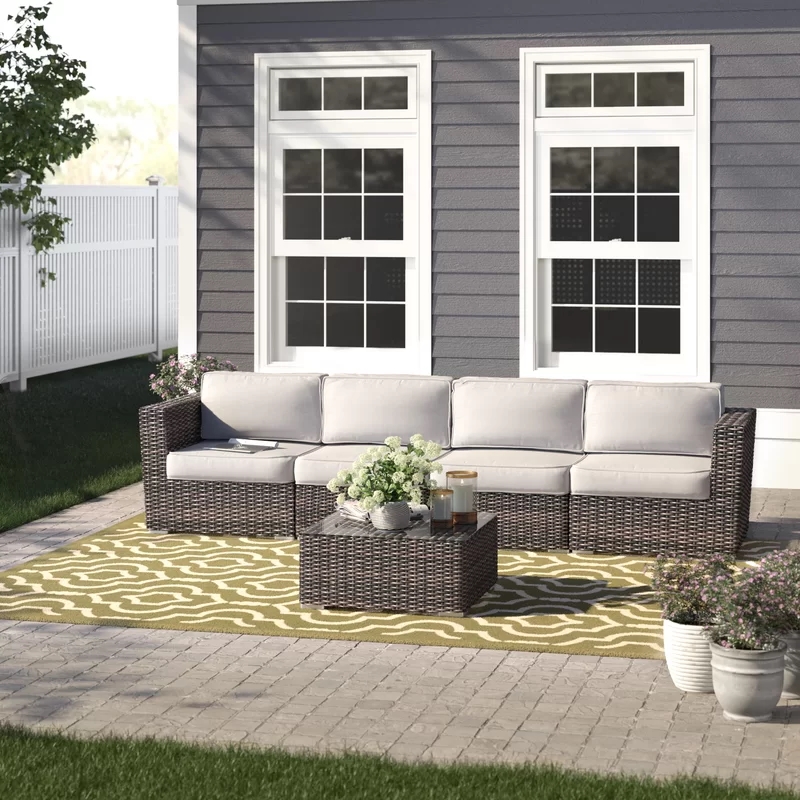 Living Source Intl 5-Piece Wicker / Rattan Sectional Set in Espresso/Taupe