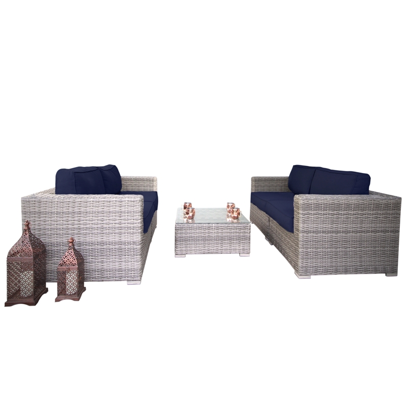 Living Source International 3-Piece Wicker / Rattan Sectional Set in Gray/Navy