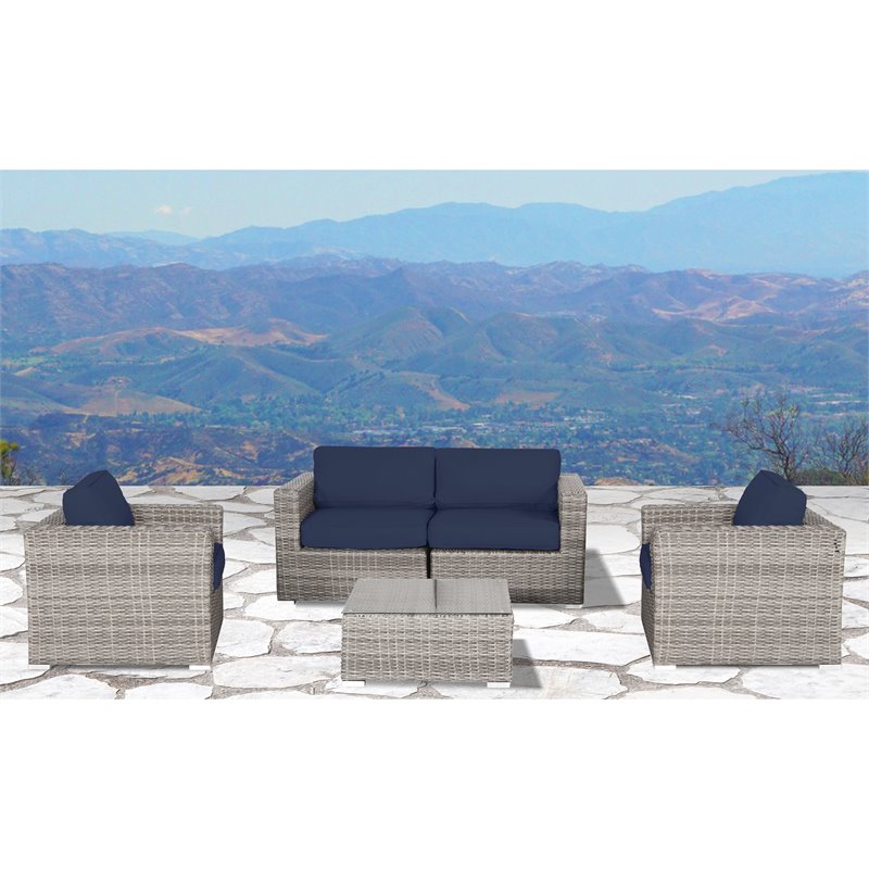 Living Source International 5-Piece Seating Group with Firepit in Gray/Navy Blue
