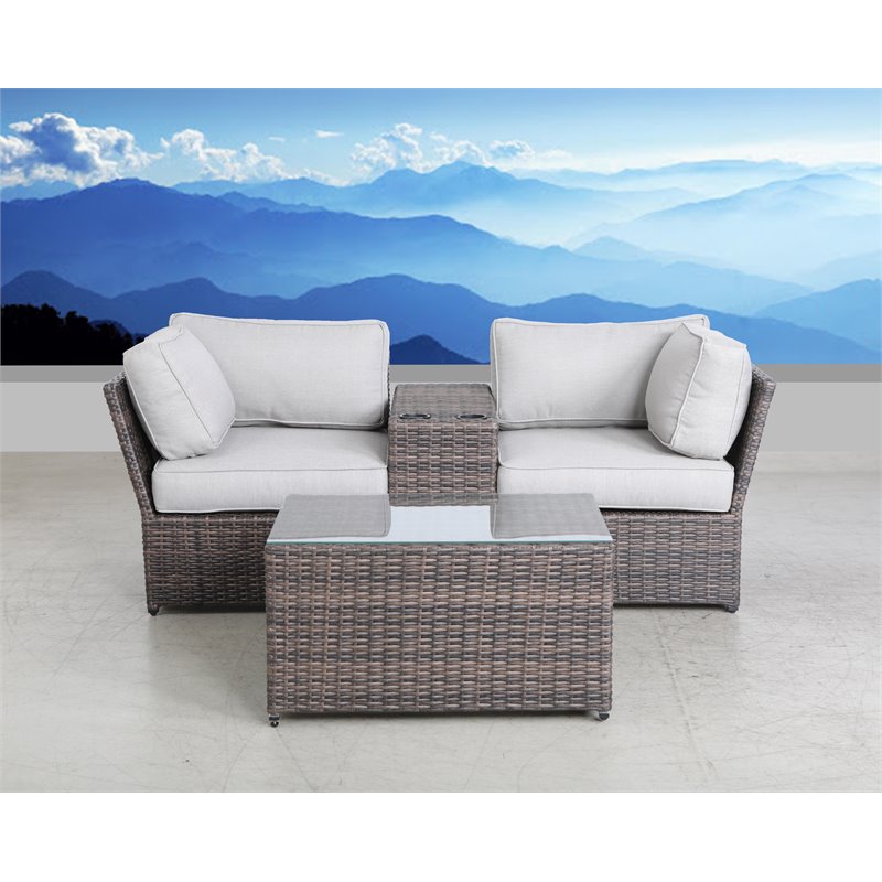Living Source International Outdoor Wicker Loveseat with Table in Gray/Brown