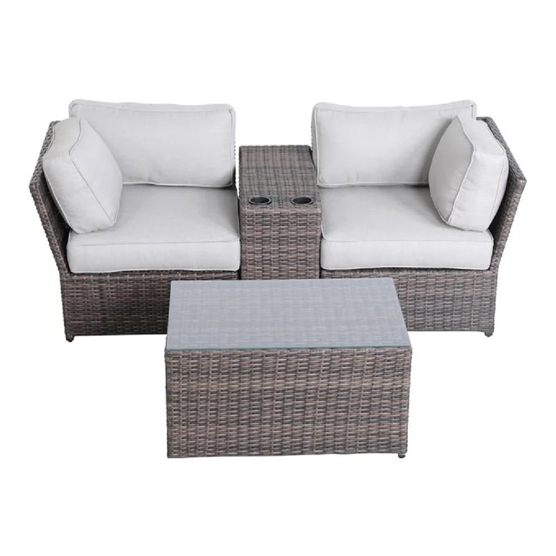 Living Source International Outdoor Wicker Loveseat with Table in Gray/Brown