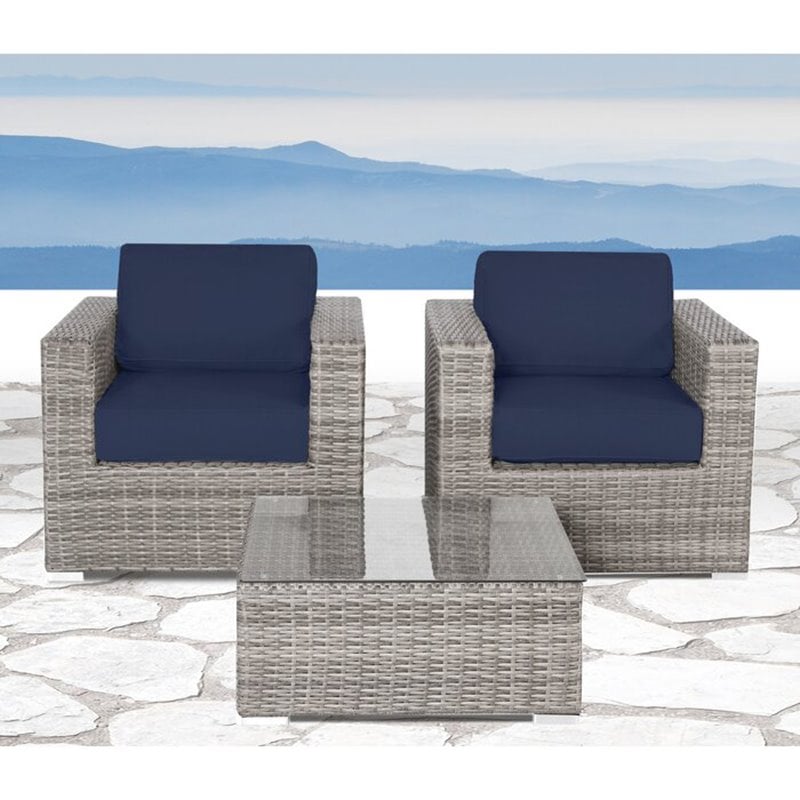 Living Source International Wicker Club Chair Set with Cushion in Gray/Navy Blue