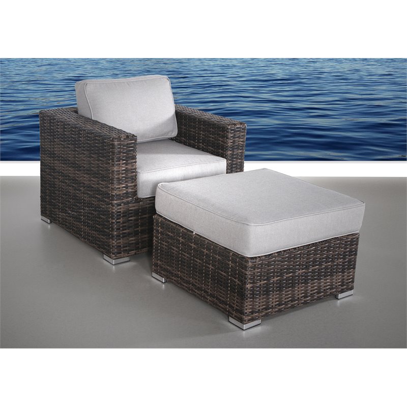 Living Source International Wicker/Rattan Armchair and Ottoman in Espresso/Gray
