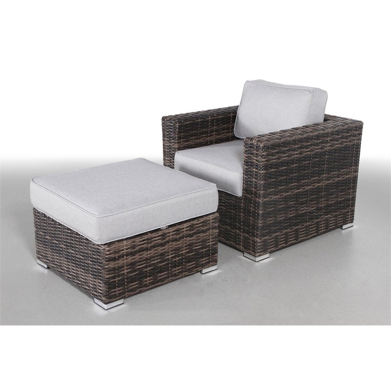 Living Source International Wicker/Rattan Armchair and Ottoman in Espresso/Gray