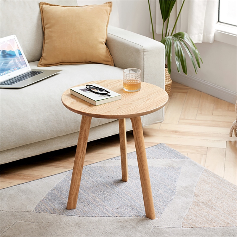 Natural Solid Oak Wood Round End Table  Small Side Table for Living Room