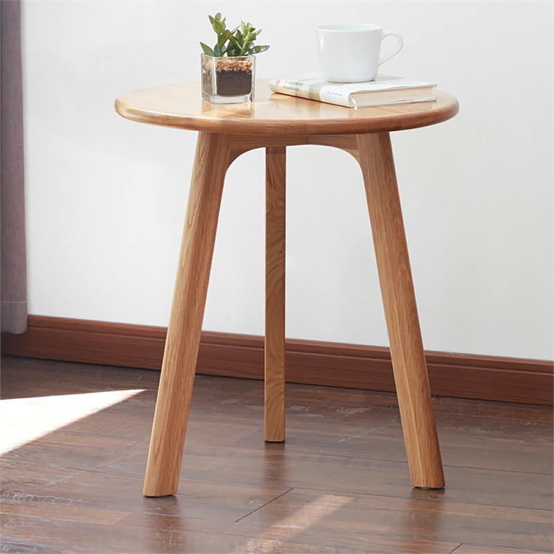 Natural Solid Oak Wood Round End Table  Small Side Table for Living Room