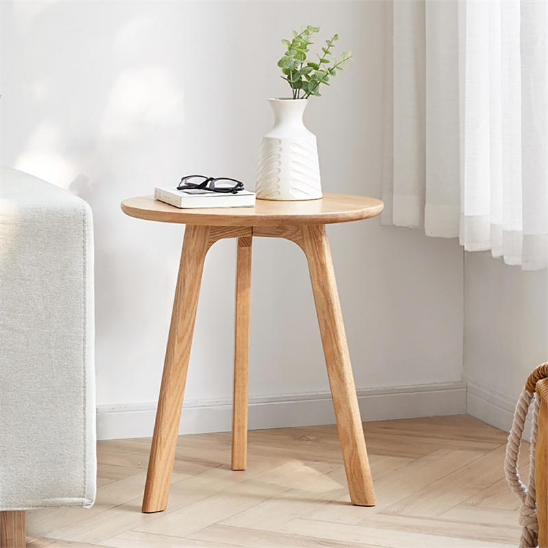 Natural Solid Oak Wood Round End Table  Small Side Table for Living Room