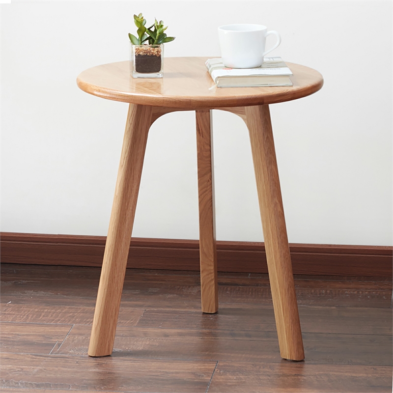 Natural Solid Oak Wood Round End Table  Small Side Table for Living Room