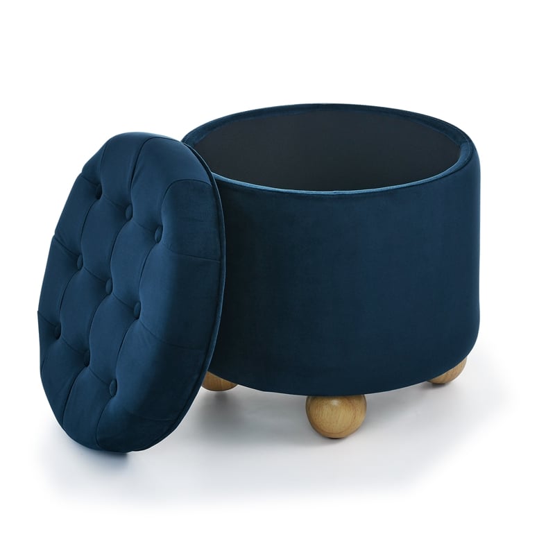 Dark Blue Round Storage Ottoman  Flannel Reversible Lid Storage