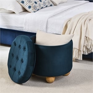 Dark Blue Round Storage Ottoman  Flannel Reversible Lid Storage