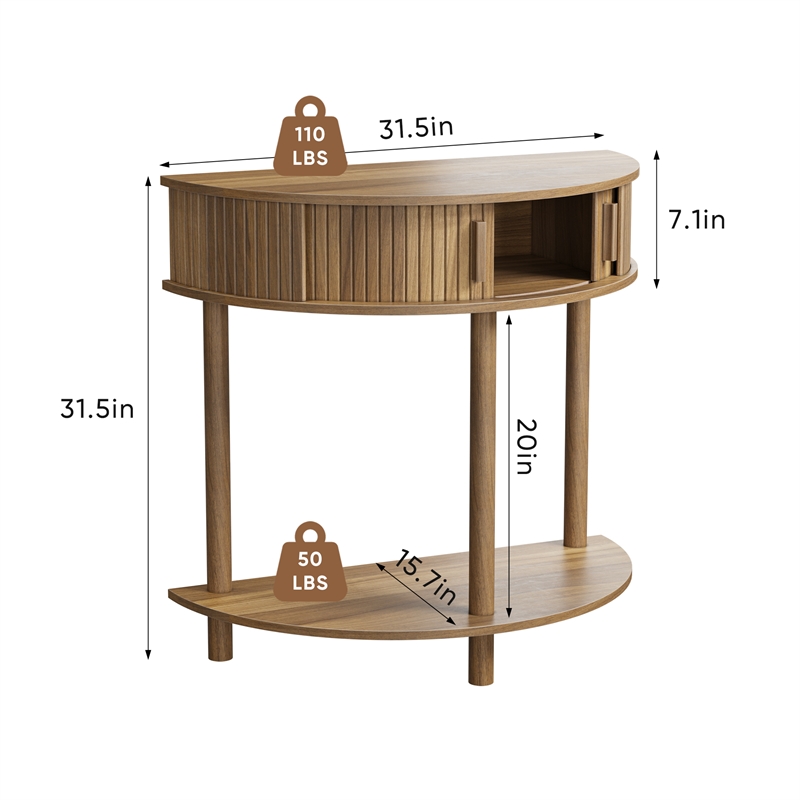 31.5 Farmhouse Walnut Half Moon Console Table with Storage