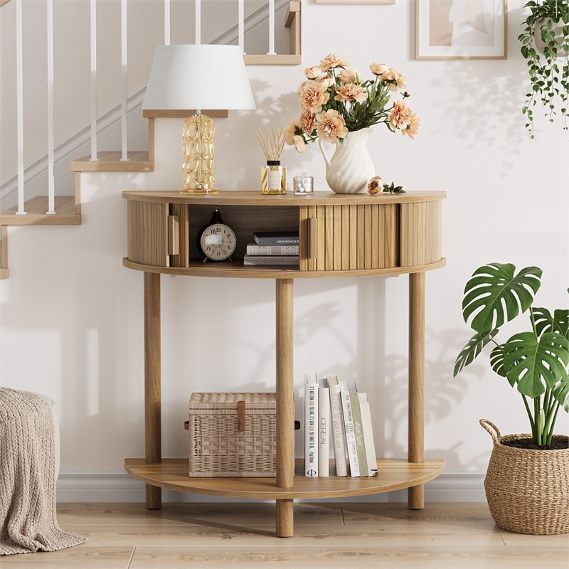 31.5 Farmhouse Walnut Half Moon Console Table with Storage