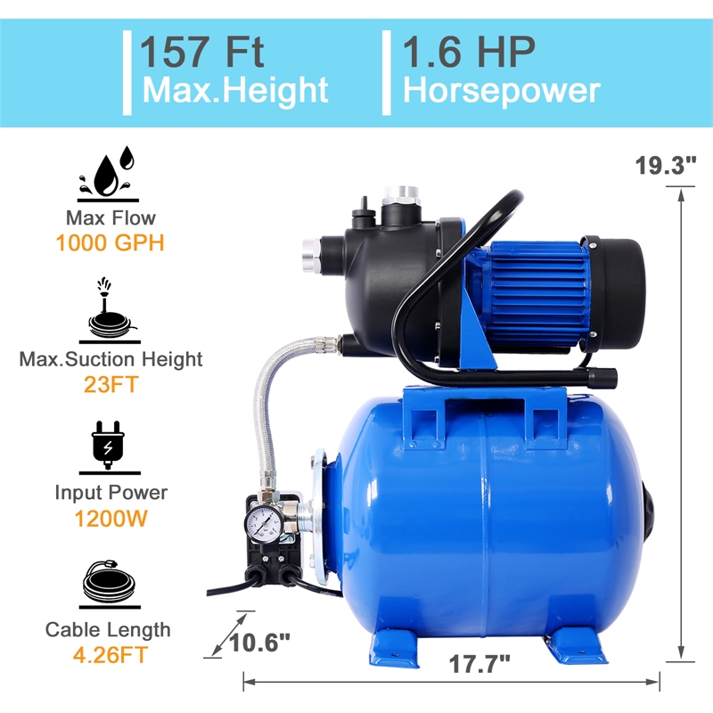 1.6HP Shallow Well Pump with Tank Auto Water Booster for Home  Farm Irrigate