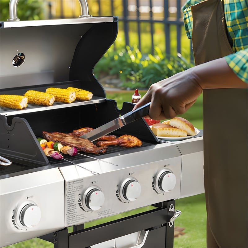 3 Burner Propane Gas Grill with Side Burner Cover Stainless Steel BBQ Grill