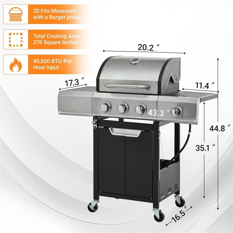 3 Burner Propane Gas Grill with Side Burner Cover Stainless Steel BBQ Grill
