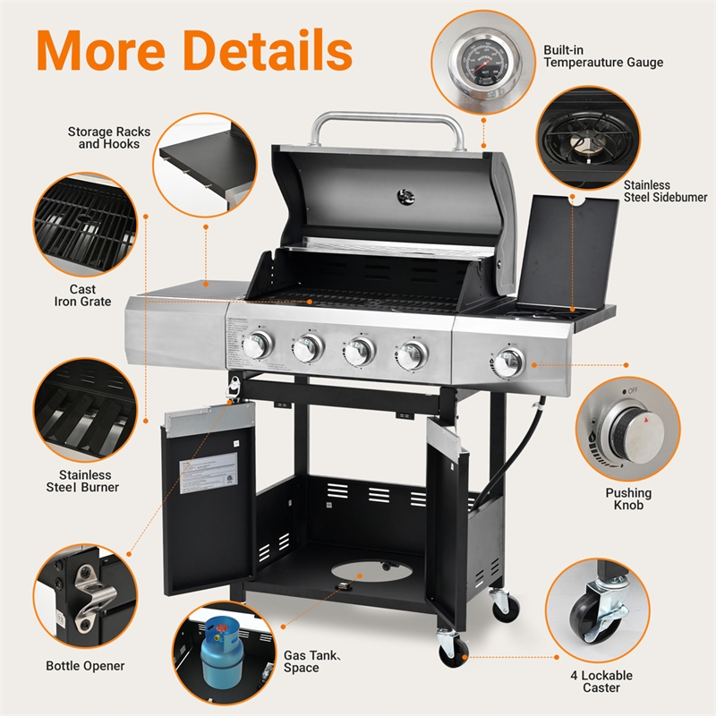 4 Burner Propane Gas Grill with Side Burner Cover  Stainless Steel  BBQ Grill