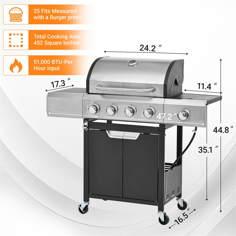 4 Burner Propane Gas Grill with Side Burner Cover  Stainless Steel  BBQ Grill