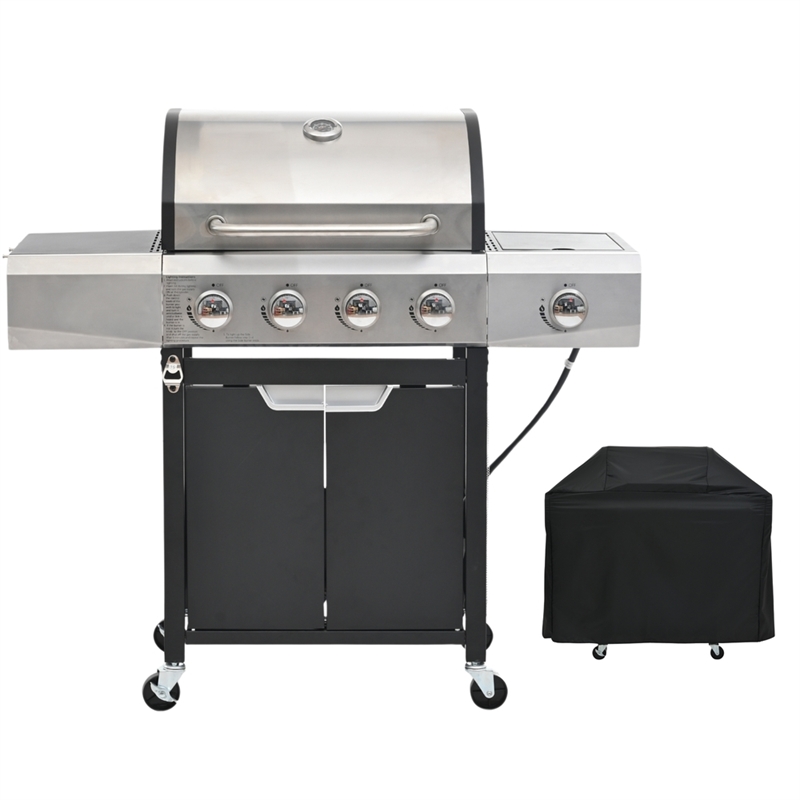 4 Burner Propane Gas Grill with Side Burner Cover  Stainless Steel  BBQ Grill