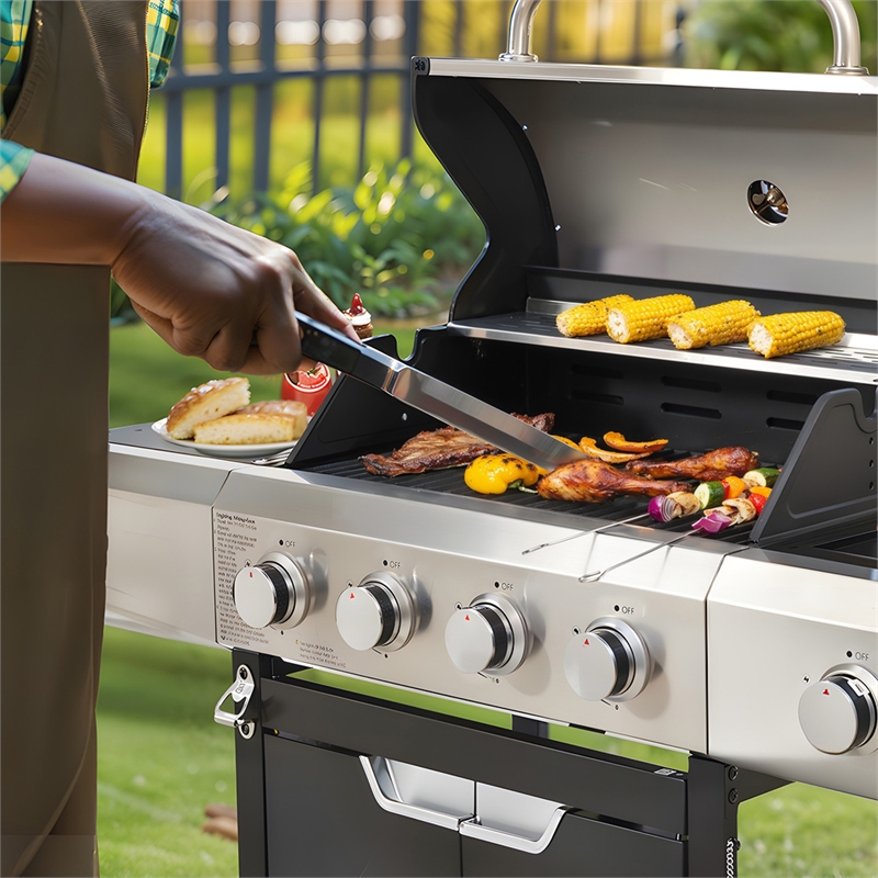 4 Burner Propane Gas Grill with Side Burner Cover  Stainless Steel  BBQ Grill