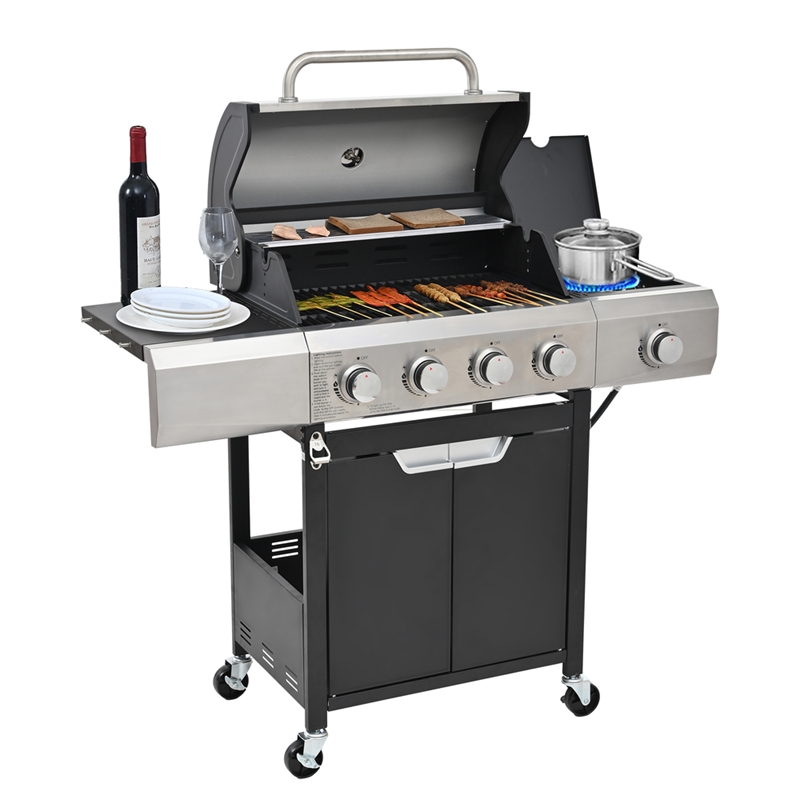 4 Burner Propane Gas Grill with Side Burner Cover  Stainless Steel  BBQ Grill