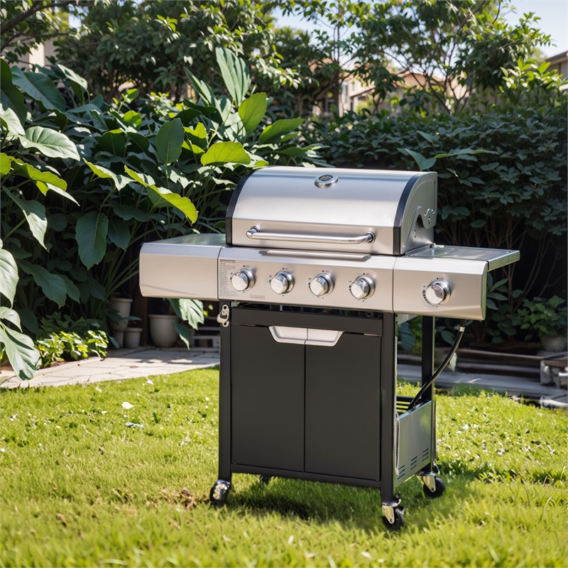 4 Burner Propane Gas Grill with Side Burner Cover  Stainless Steel  BBQ Grill