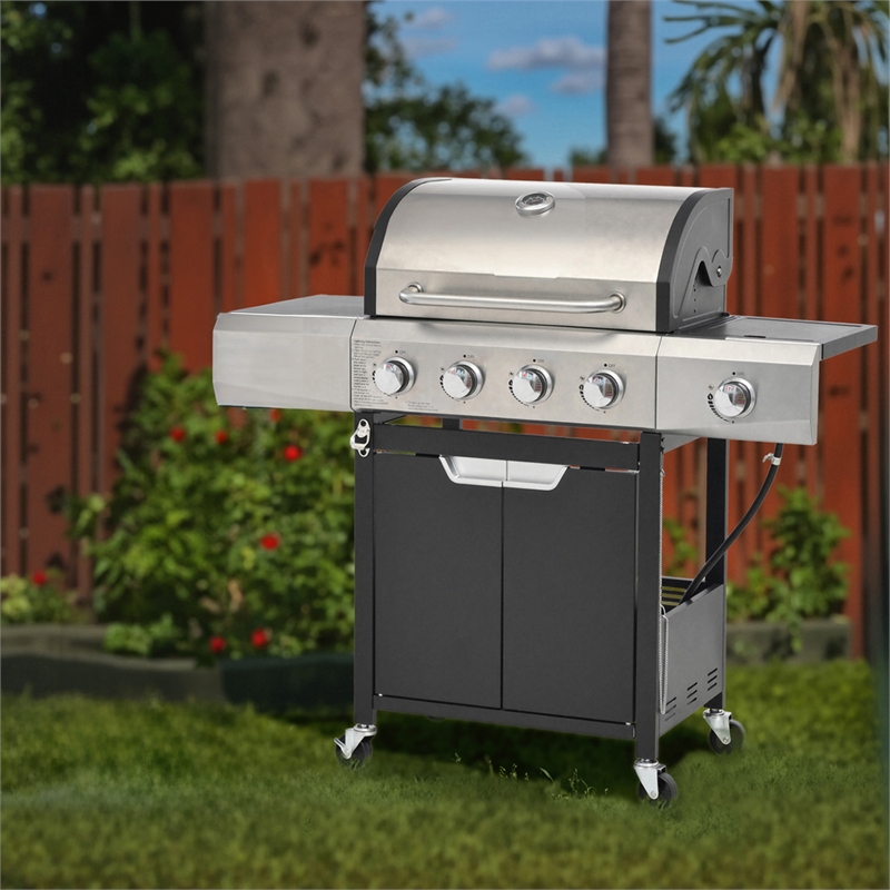 4 Burner Propane Gas Grill with Side Burner Cover  Stainless Steel  BBQ Grill