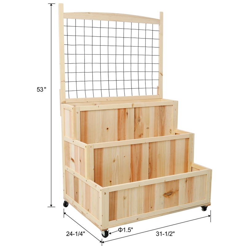 3-Tier Vertical Garden Bed with Trellis Wheels & Storage 53 Natural Finish