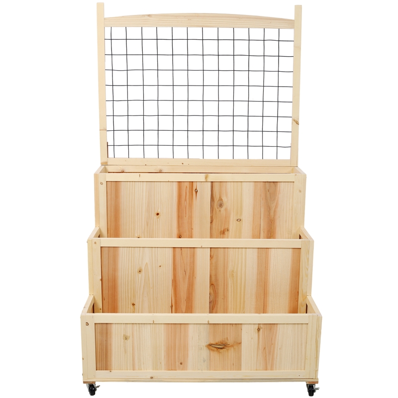 3-Tier Vertical Garden Bed with Trellis Wheels & Storage 53 Natural Finish