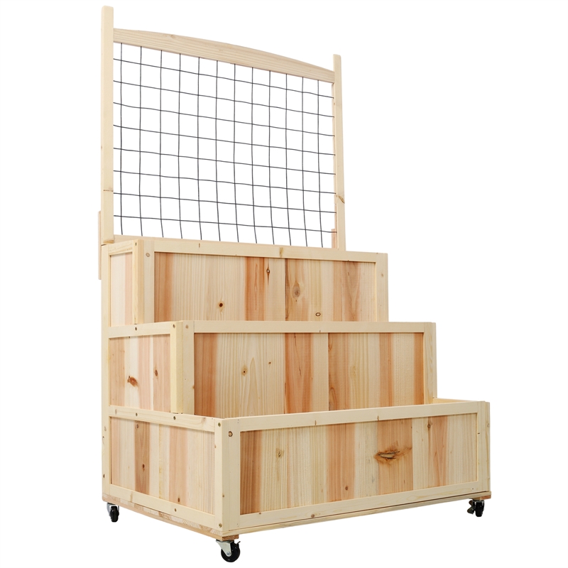 3-Tier Vertical Garden Bed with Trellis Wheels & Storage 53 Natural Finish