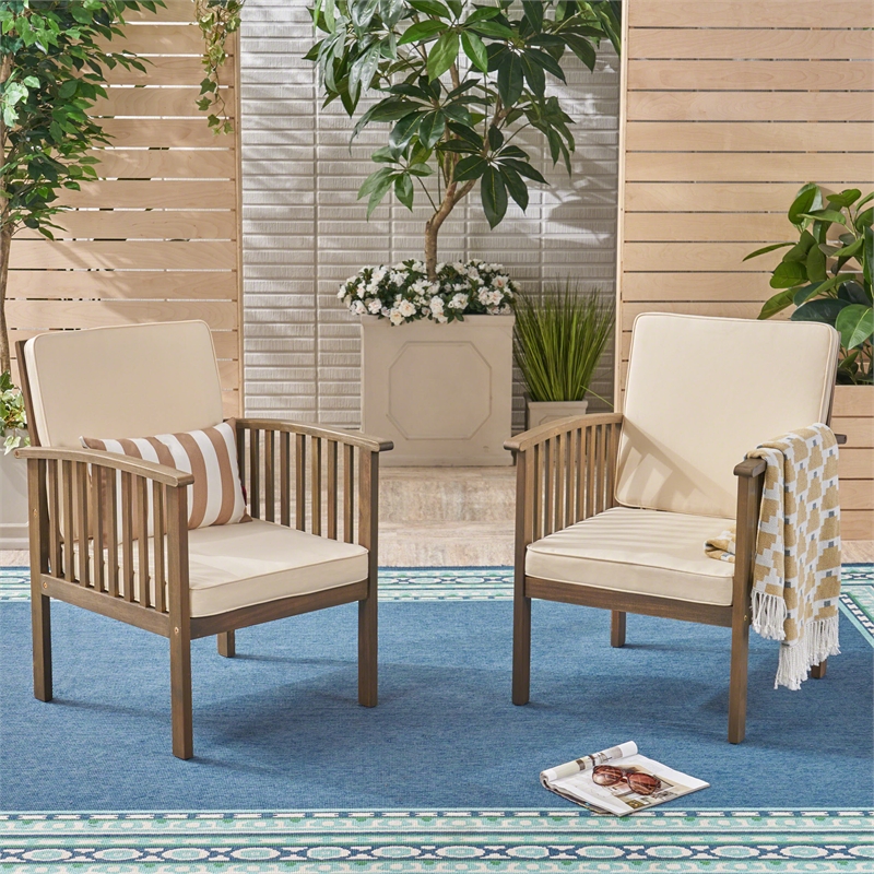 Acacia Wood Outdoor Club Chair with Cushions and Rope Accents Set of 2