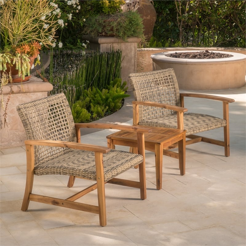 Set of 2 Outdoor Acacia Wood Wicker Club Chairs with Cushions
