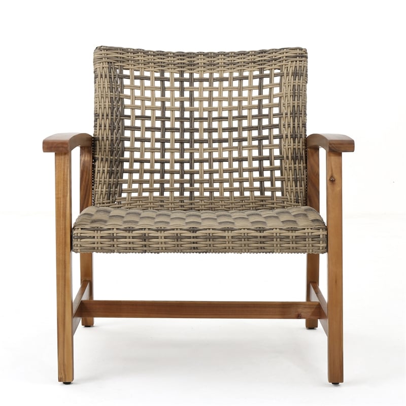 Set of 2 Outdoor Acacia Wood Wicker Club Chairs with Cushions