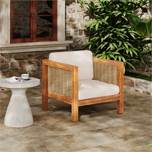Acacia Wood Outdoor Club Chair with Beige Cushions