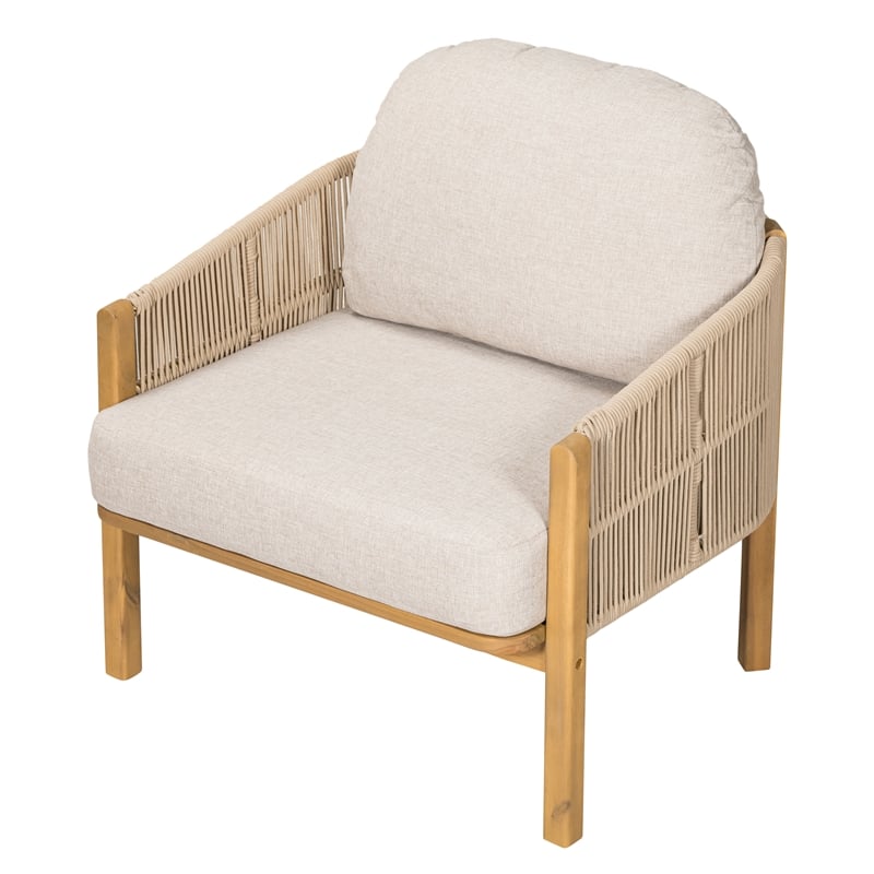 Outdoor Wood Club Chair with Beige Rope Cushions