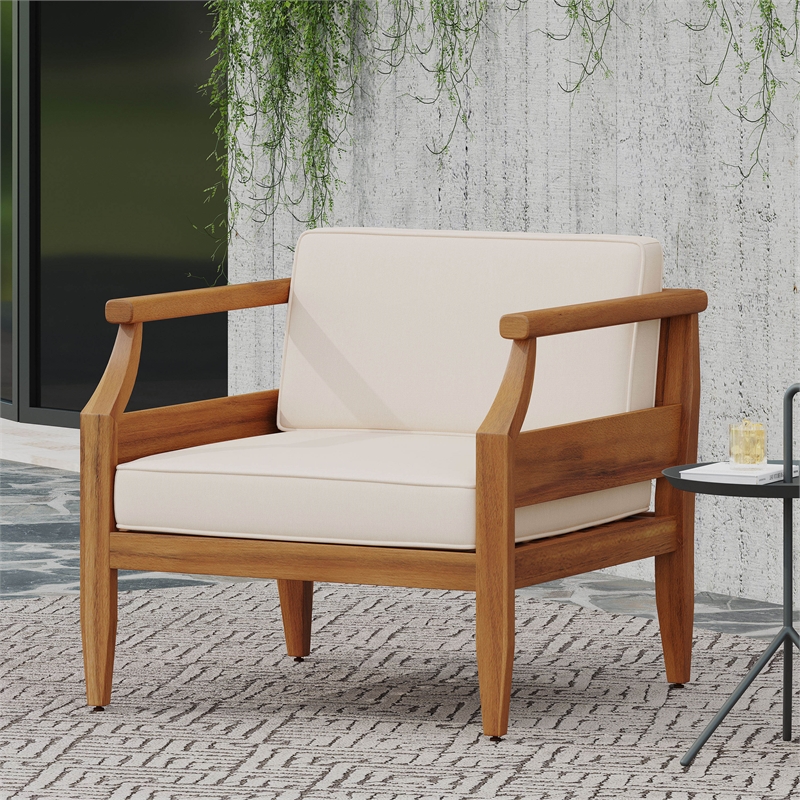 Cream Modern Swivel Lounge Chair with Solid Wood Base