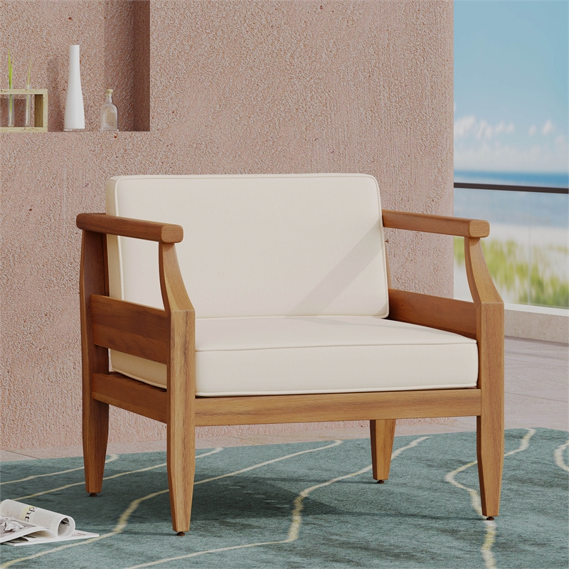 Cream Modern Swivel Lounge Chair with Solid Wood Base