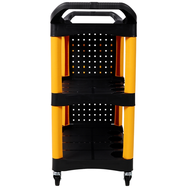 3 Tier Rolling  Cart with Wheels Hooks Panel Yellow/Black Plastic Storage Cart