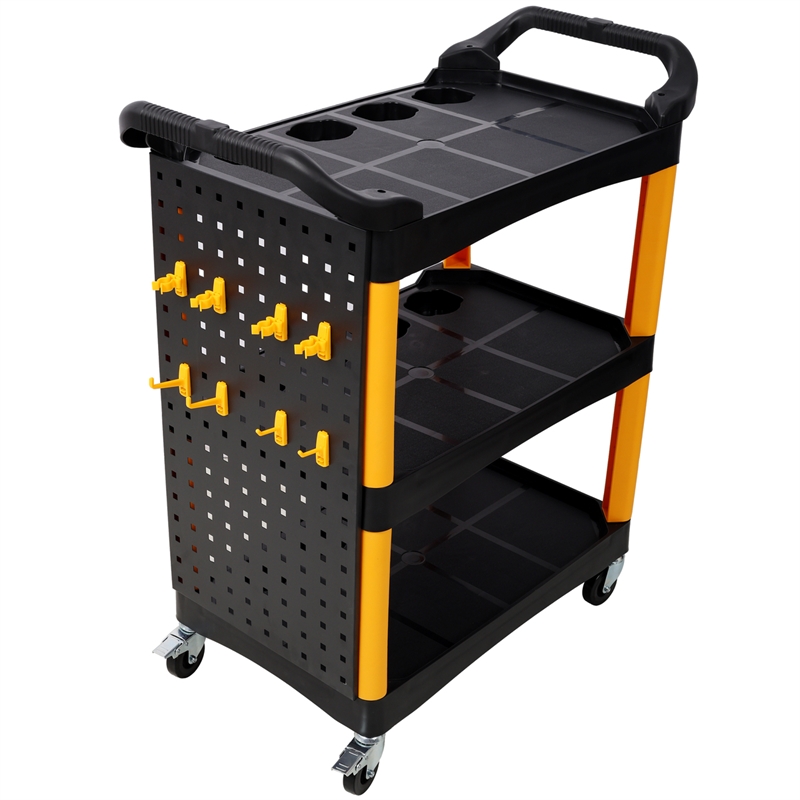3 Tier Rolling  Cart with Wheels Hooks Panel Yellow/Black Plastic Storage Cart