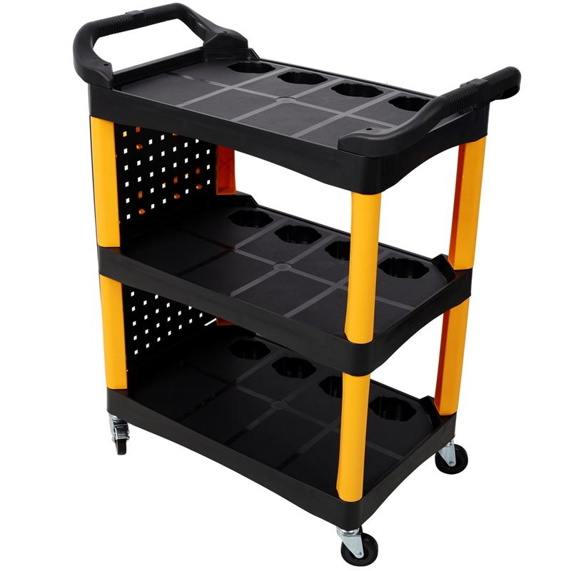 3 Tier Rolling  Cart with Wheels Hooks Panel Yellow/Black Plastic Storage Cart
