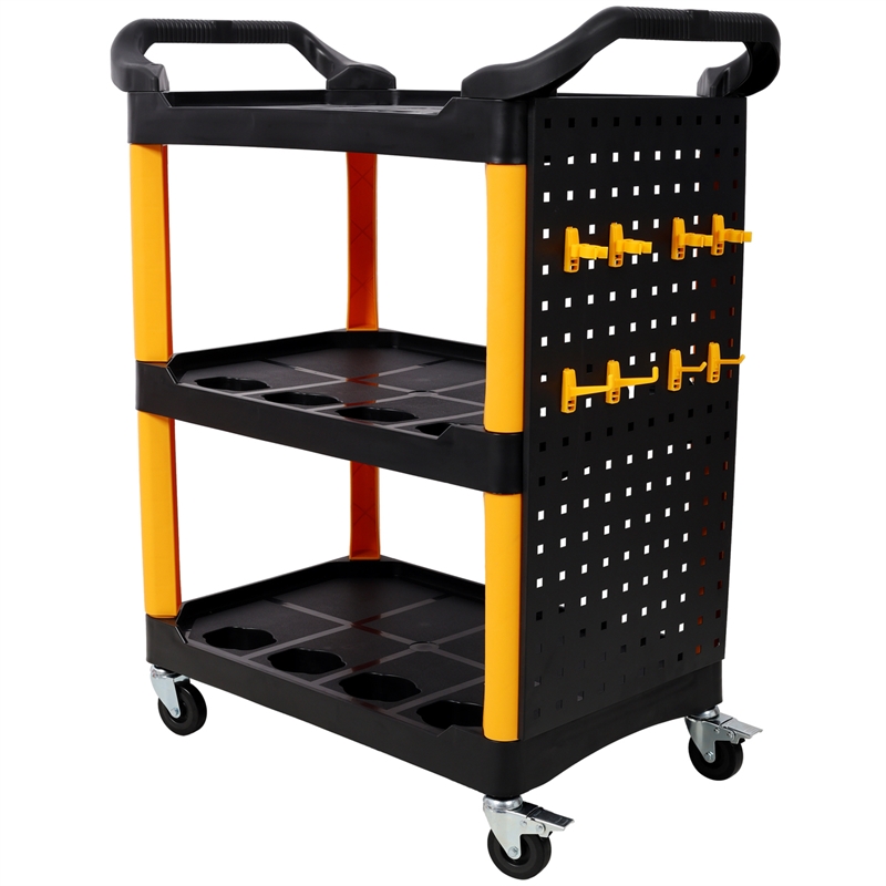 3 Tier Rolling  Cart with Wheels Hooks Panel Yellow/Black Plastic Storage Cart