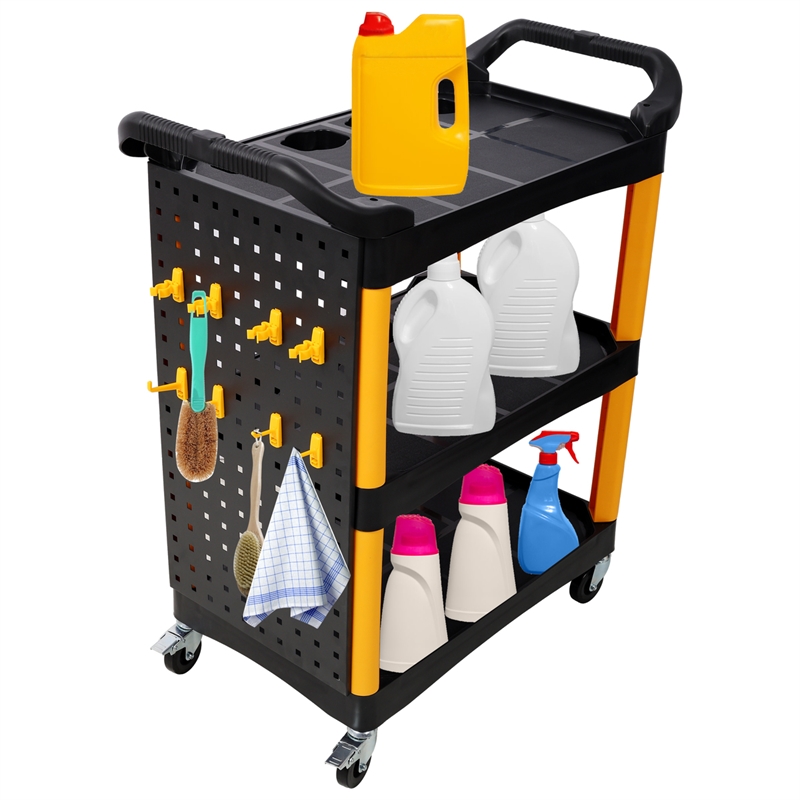 3 Tier Rolling  Cart with Wheels Hooks Panel Yellow/Black Plastic Storage Cart