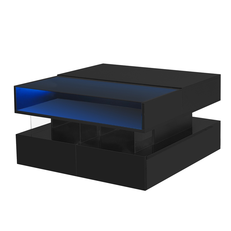 Modern Black MDF Lift Top Coffee Table with LED Lights Glass Top Storage Drawers