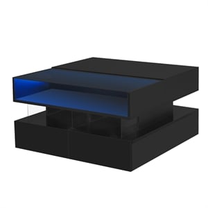 Modern Black MDF Lift Top Coffee Table with LED Lights Glass Top Storage Drawers