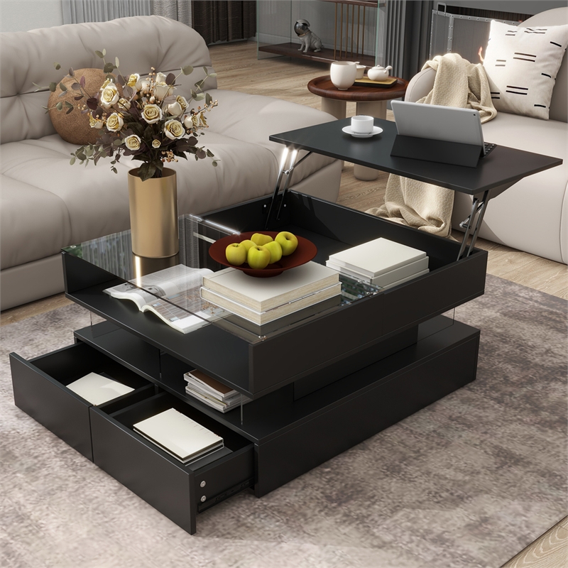 Modern Black MDF Lift Top Coffee Table with LED Lights Glass Top Storage Drawers