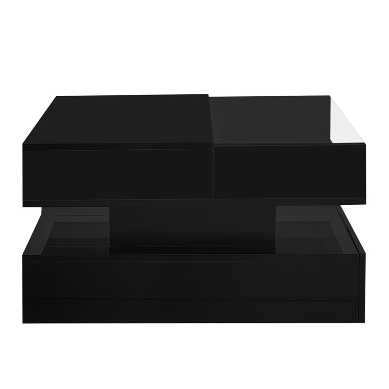 Modern Black MDF Lift Top Coffee Table with LED Lights Glass Top Storage Drawers