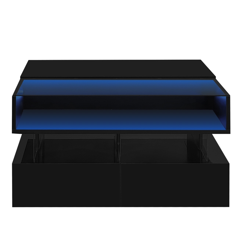 Modern Black MDF Lift Top Coffee Table with LED Lights Glass Top Storage Drawers
