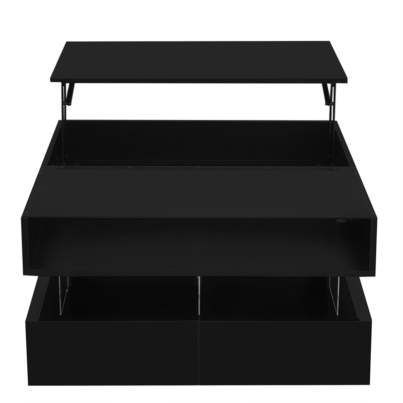 Modern Black MDF Lift Top Coffee Table with LED Lights Glass Top Storage Drawers
