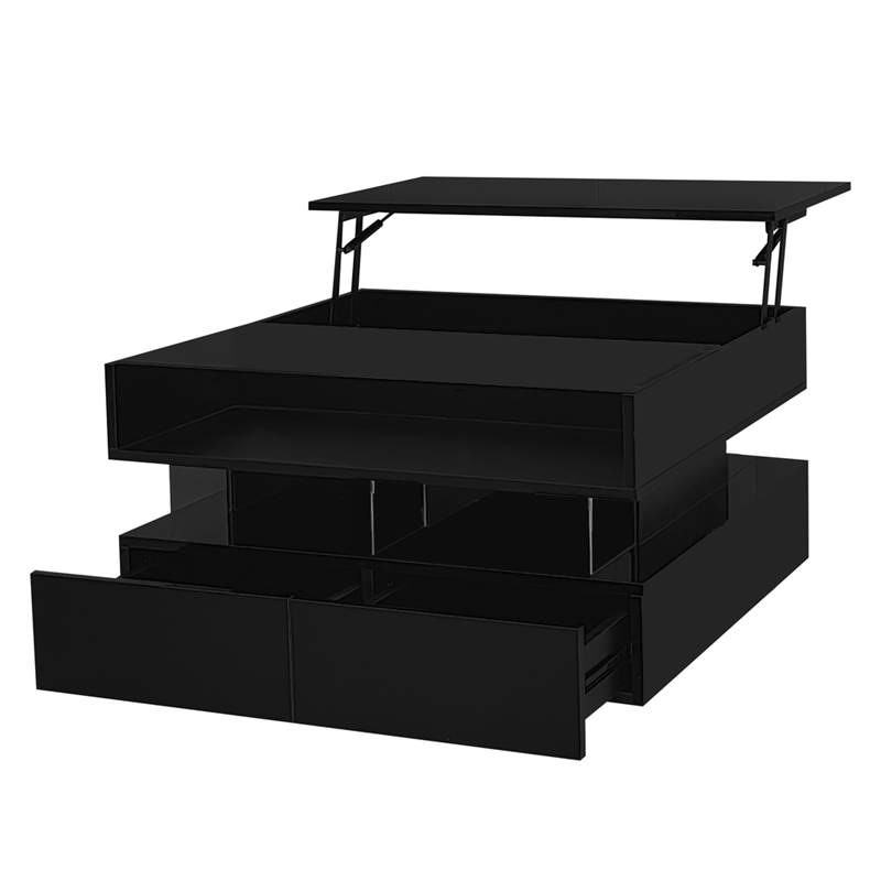 Modern Black MDF Lift Top Coffee Table with LED Lights Glass Top Storage Drawers