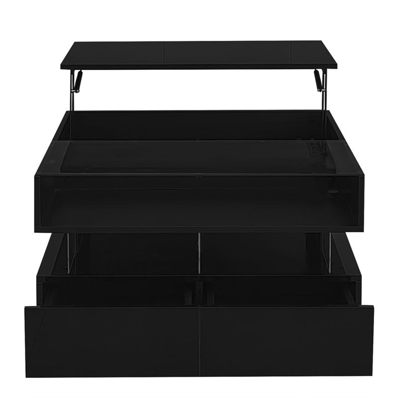 Modern Black MDF Lift Top Coffee Table with LED Lights Glass Top Storage Drawers